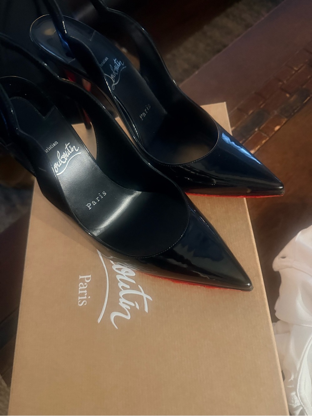 Christian Louboutin Black Patent Pointed Slingback Pumps with Red Sole